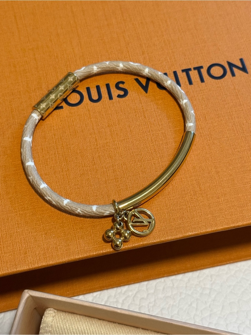 Louis Vuitton Beige Monogram Bracelet with Gold Charm